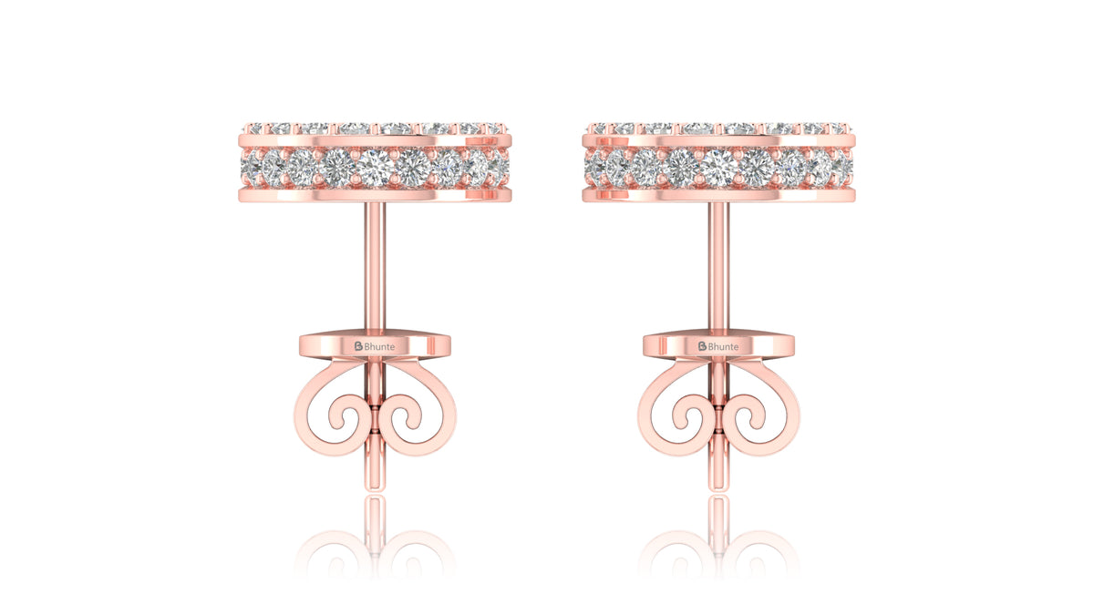 14K Rose Gold Round Halo Baguette Diamond Stud Earrings