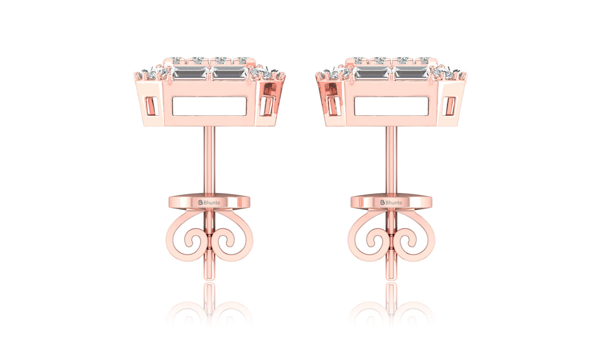 14K Rose Gold Octagon Halo Baguette Diamond Stud Earrings