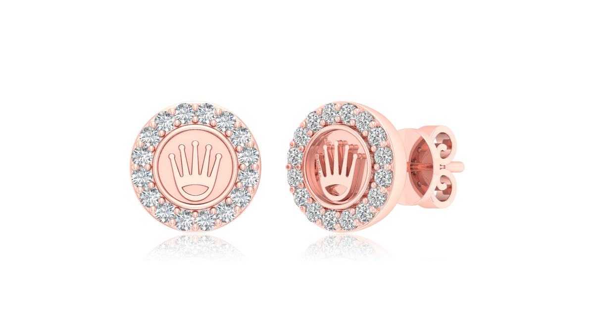14K Rose Gold Round Diamond Crown Stud Earrings