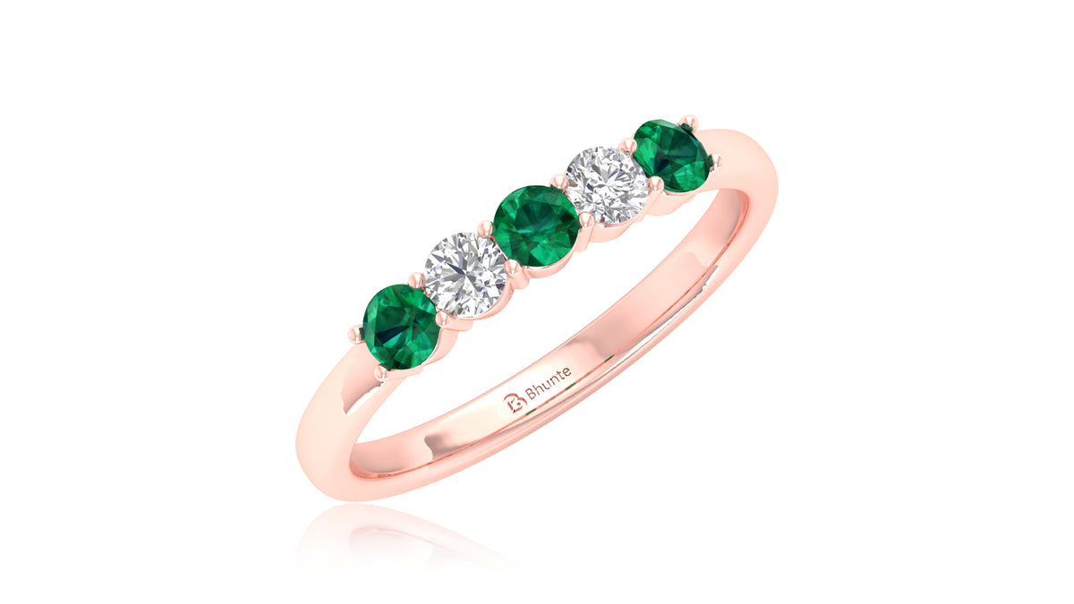 14K Rose Gold Emerald Green Gemstone and Diamond Band Ring