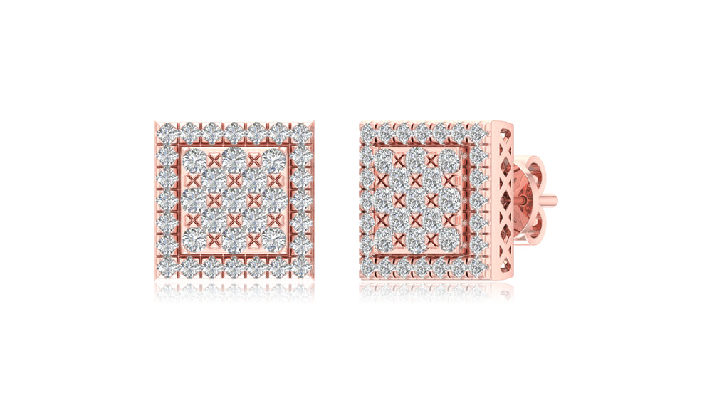 14K Rose Gold Square Lattice Diamond Stud Earrings