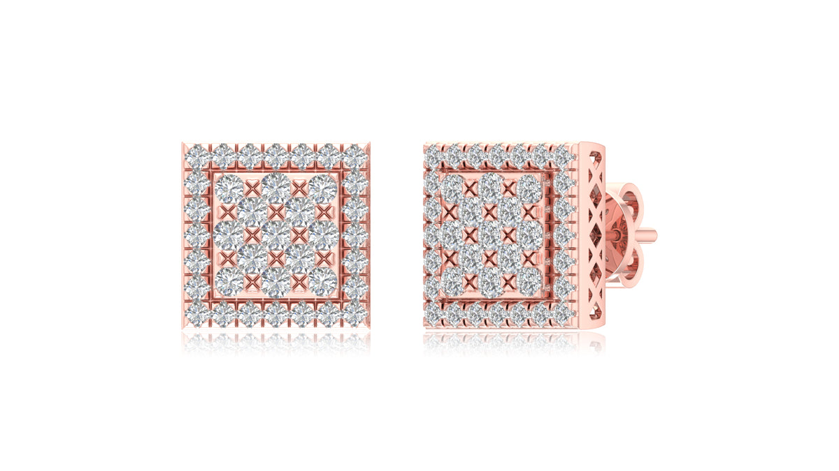 14K Rose Gold Square Lattice Diamond Stud Earrings