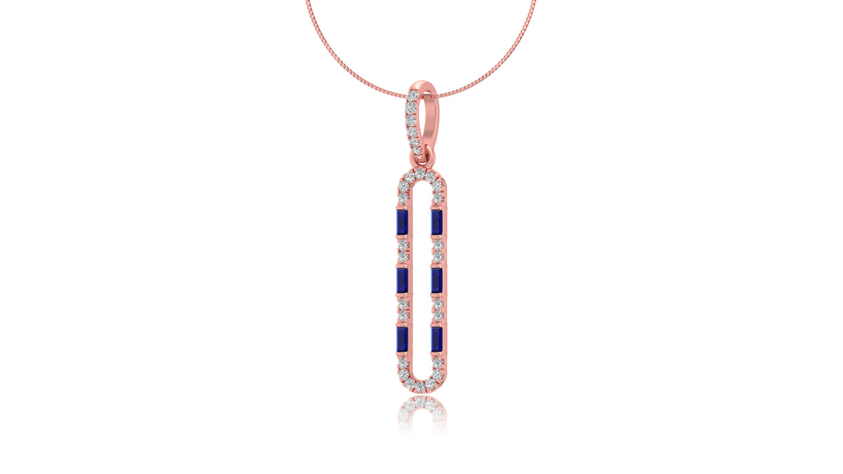 14K Rose Gold Blue Sapphire and Diamond Bar Pendant