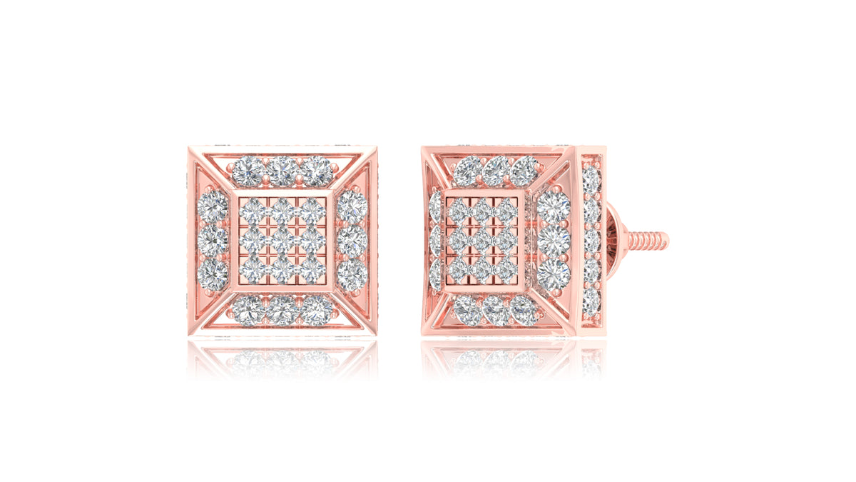 14K Rose Gold Princess Cut Halo Diamond Stud Earrings