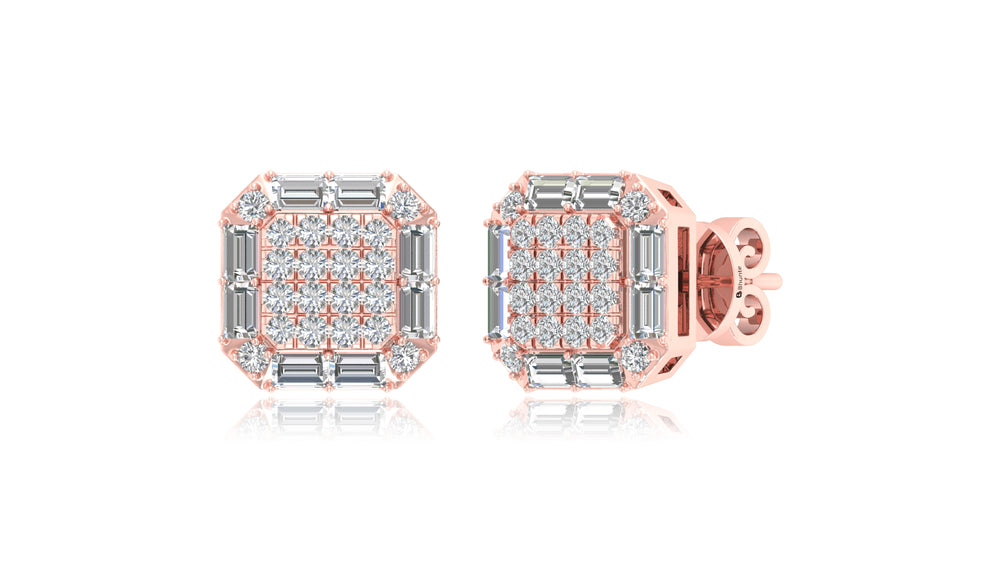 14K Rose Gold Octagon Halo Baguette Diamond Stud Earrings