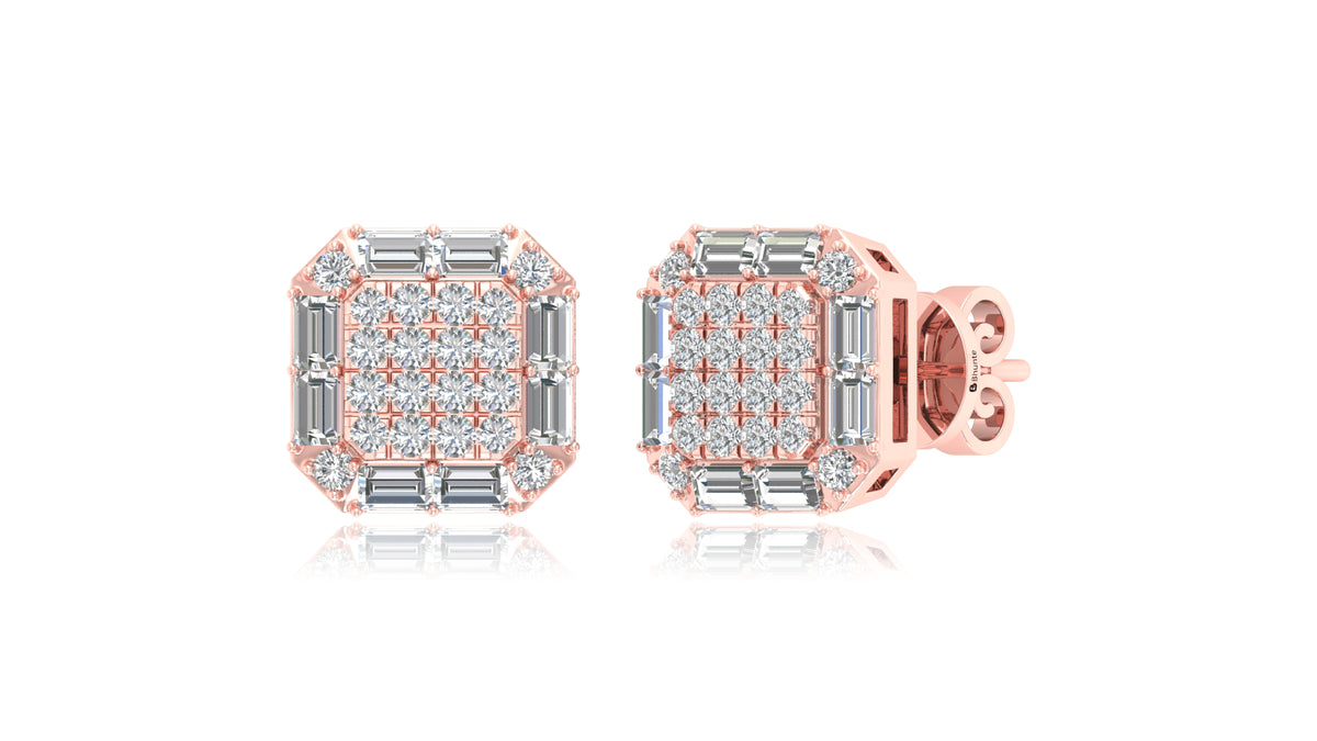 14K Rose Gold Octagon Halo Baguette Diamond Stud Earrings