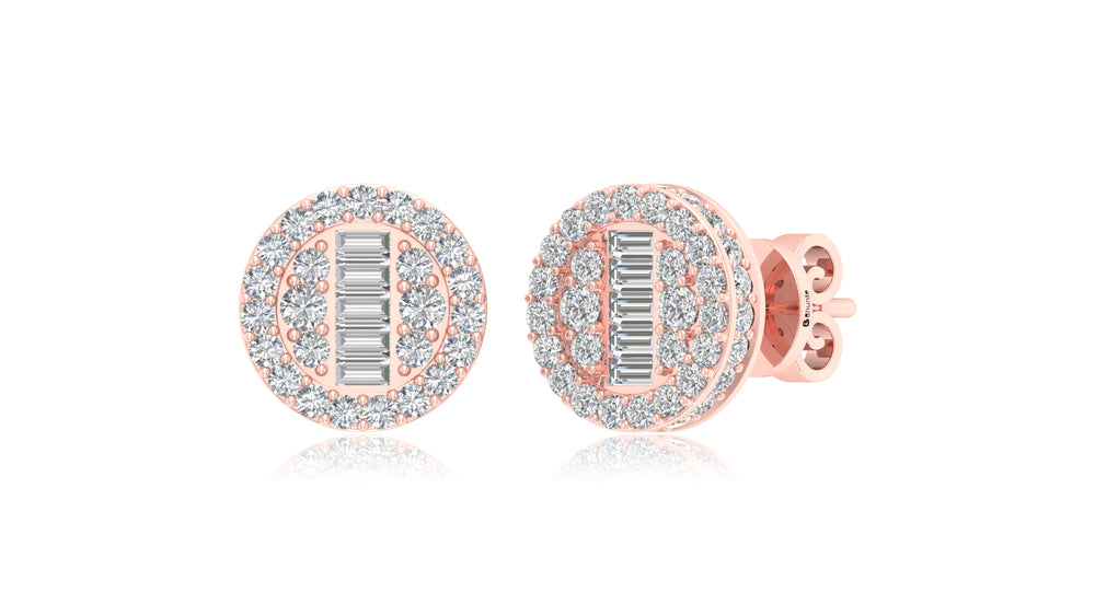 14K Rose Gold Round Halo Baguette Diamond Stud Earrings