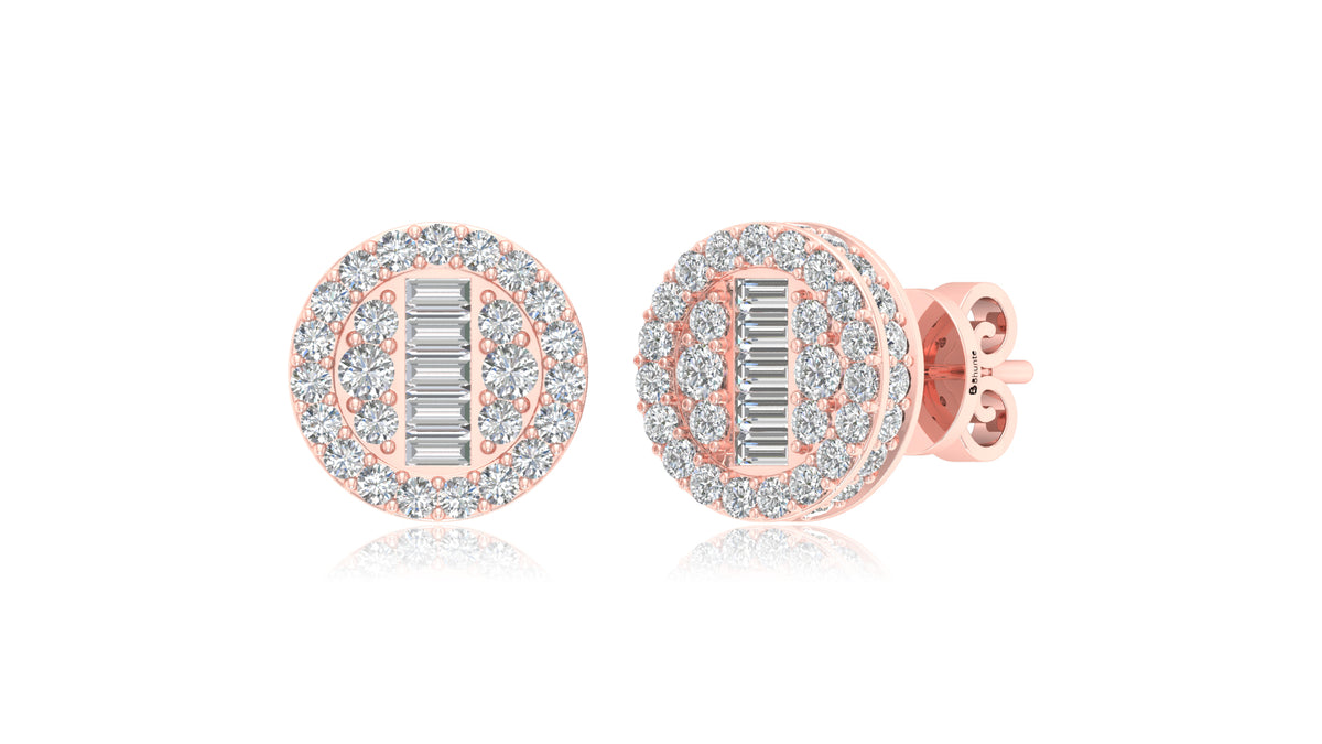 14K Rose Gold Round Halo Baguette Diamond Stud Earrings