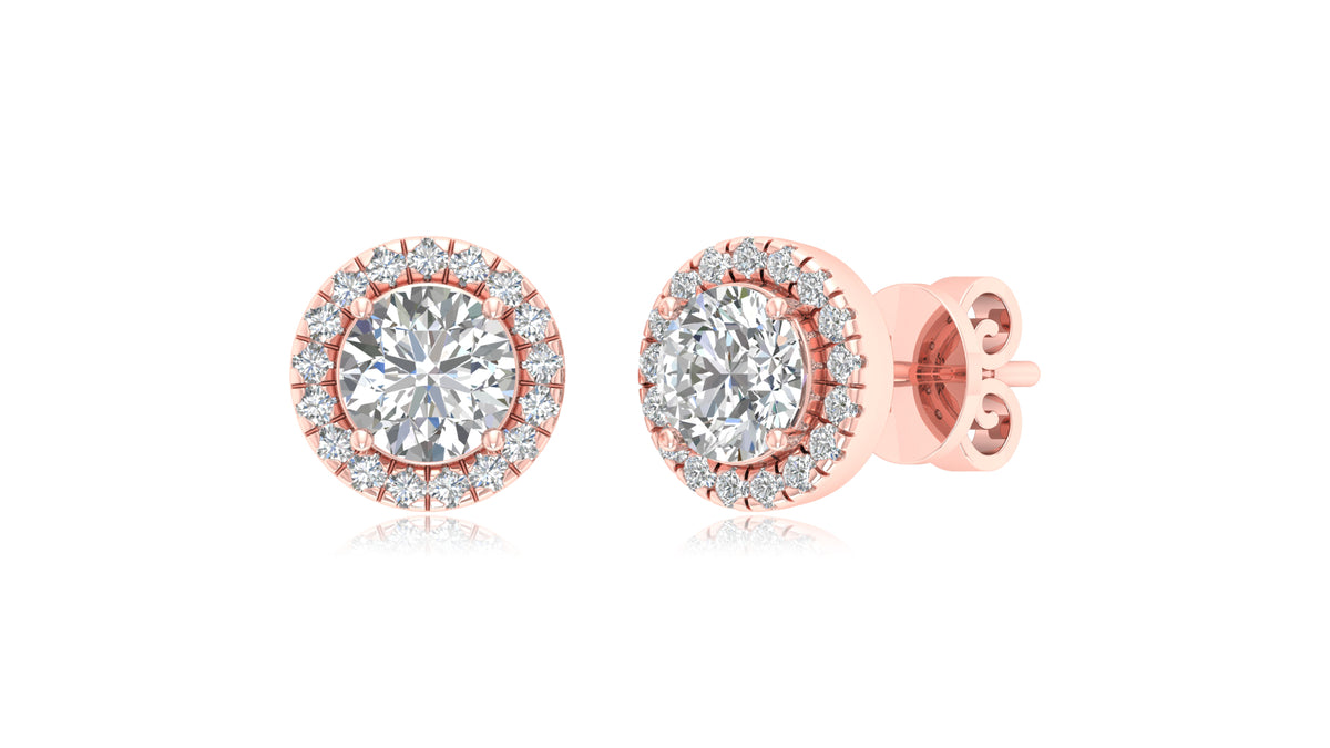 14K Rose Gold Center Halo Diamond Stud Earrings
