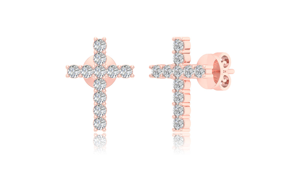 14K Rose Gold Diamond Cross Stud Earrings