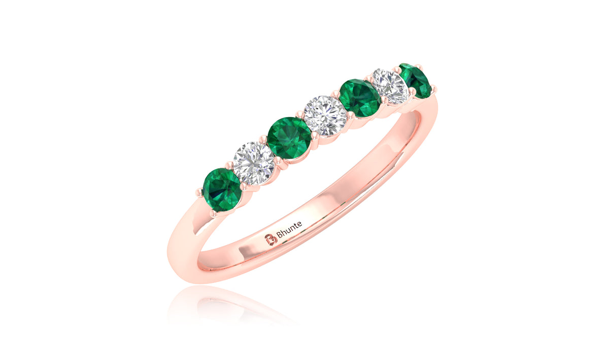 14K Rose Gold Green Emerald Sapphire and Diamond Band Ring
