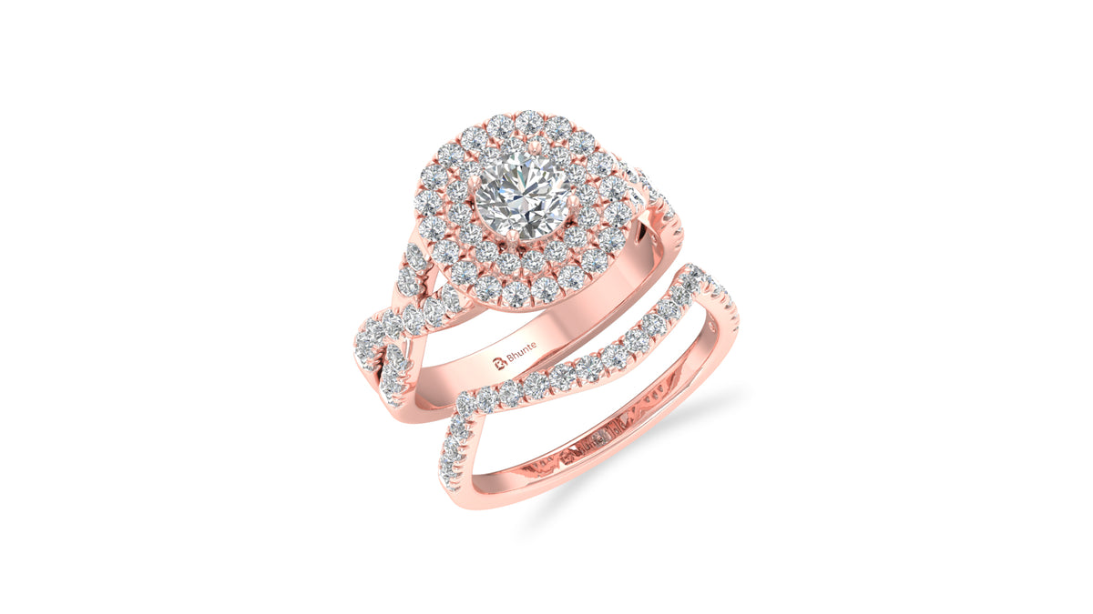 14K Rose Gold Halo Diamond Engagement Ring Set
