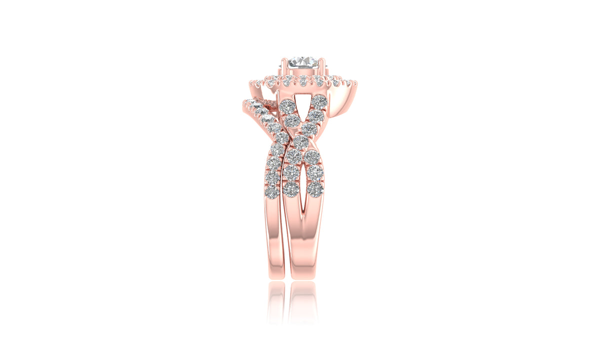 14K Rose Gold Halo Diamond Engagement Ring Set