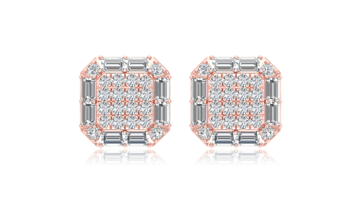 14K Rose Gold Octagon Halo Baguette Diamond Stud Earrings