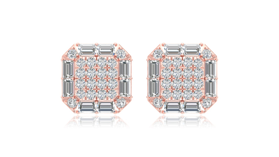 14K Rose Gold Octagon Halo Baguette Diamond Stud Earrings
