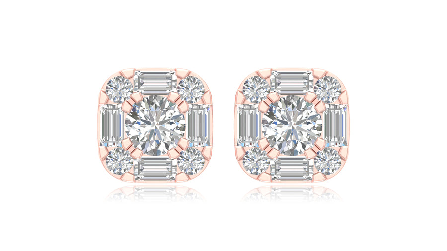 14K Rose Gold Cushion Halo Diamond Stud Earrings