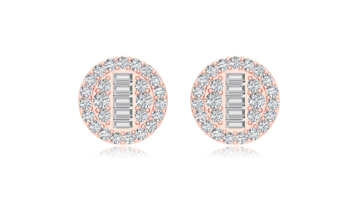 14K Rose Gold Round Halo Baguette Diamond Stud Earrings