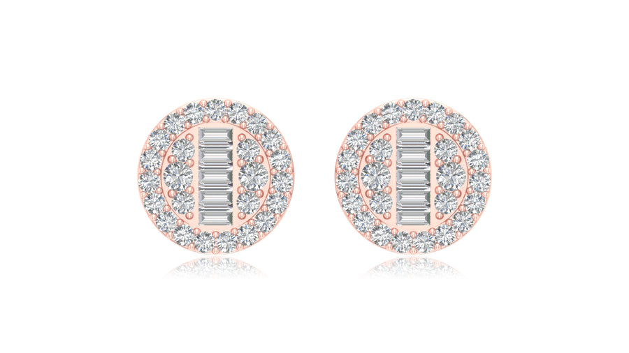 14K Rose Gold Round Halo Baguette Diamond Stud Earrings