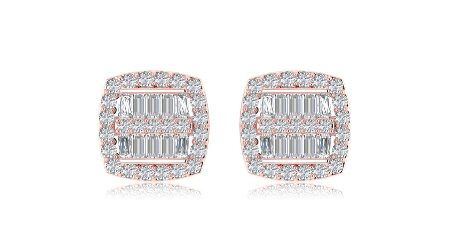 14K Rose Gold Baguette and Round Diamond Stud Earrings
