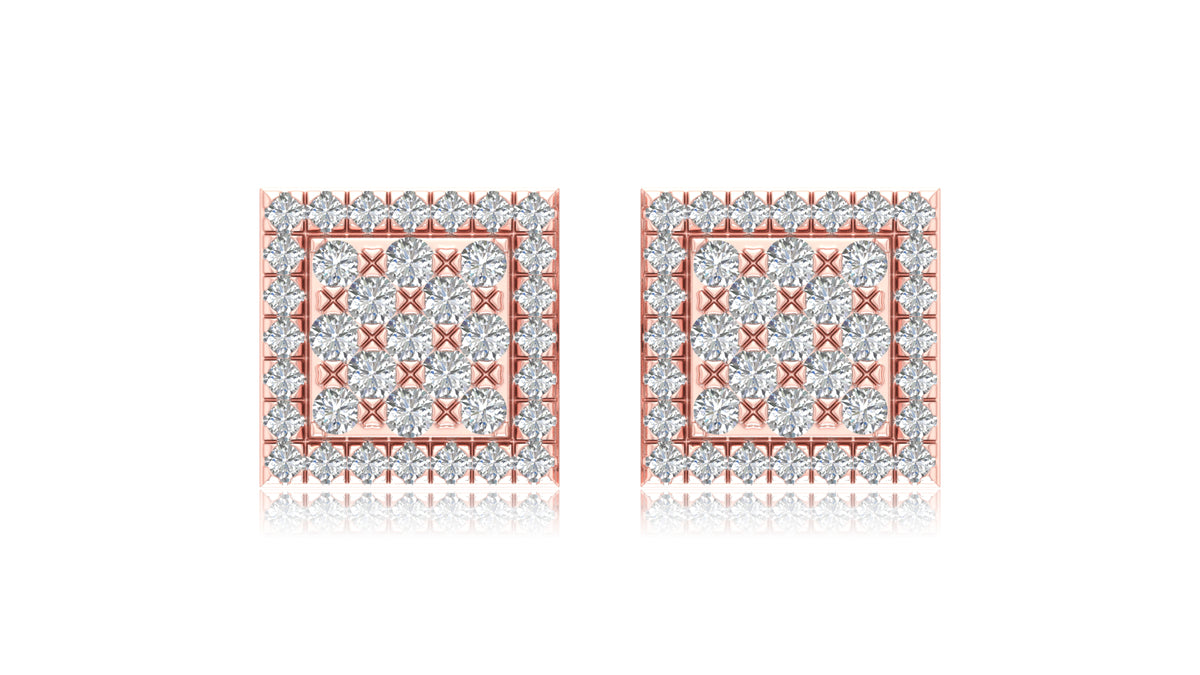 14K Rose Gold Square Lattice Diamond Stud Earrings
