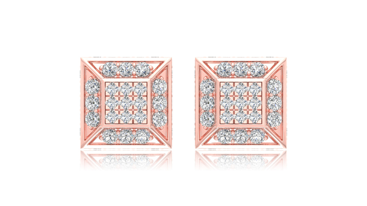 14K Rose Gold Princess Cut Halo Diamond Stud Earrings