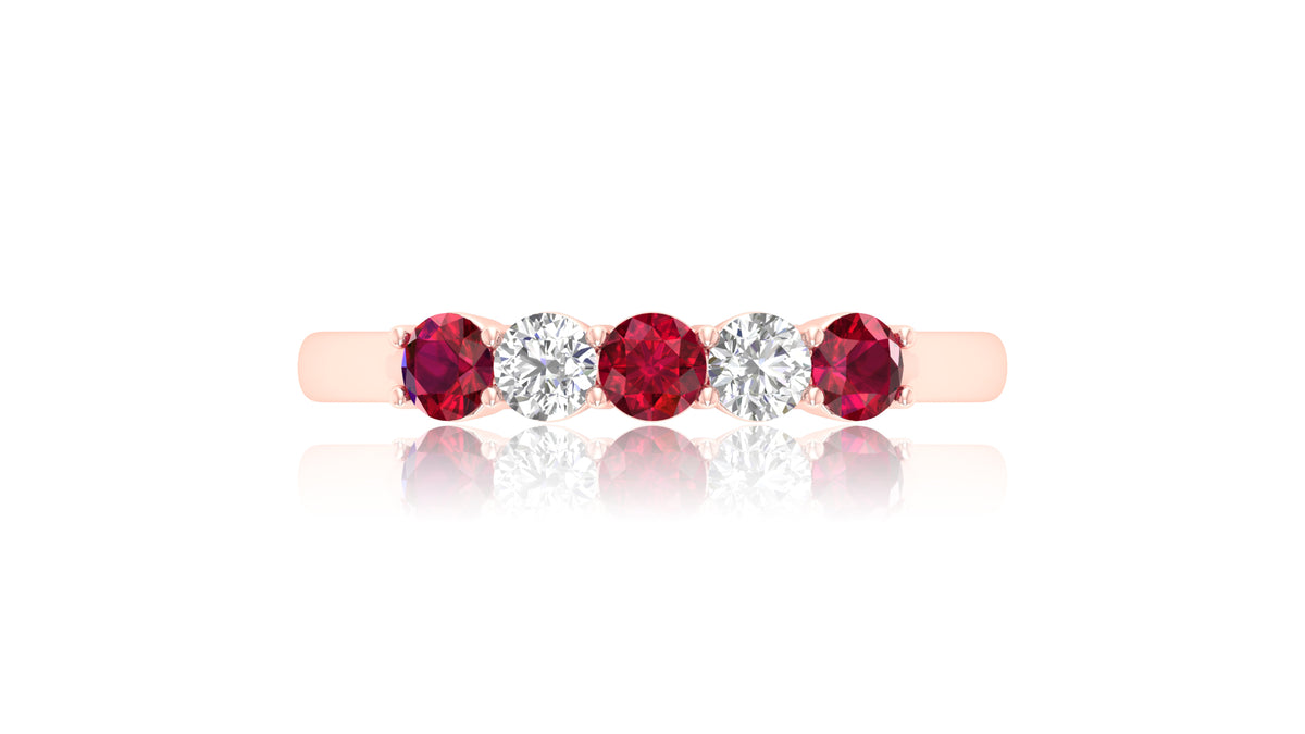 14K Rose Gold Ruby Gemstone and Diamond Five-Stone Ring