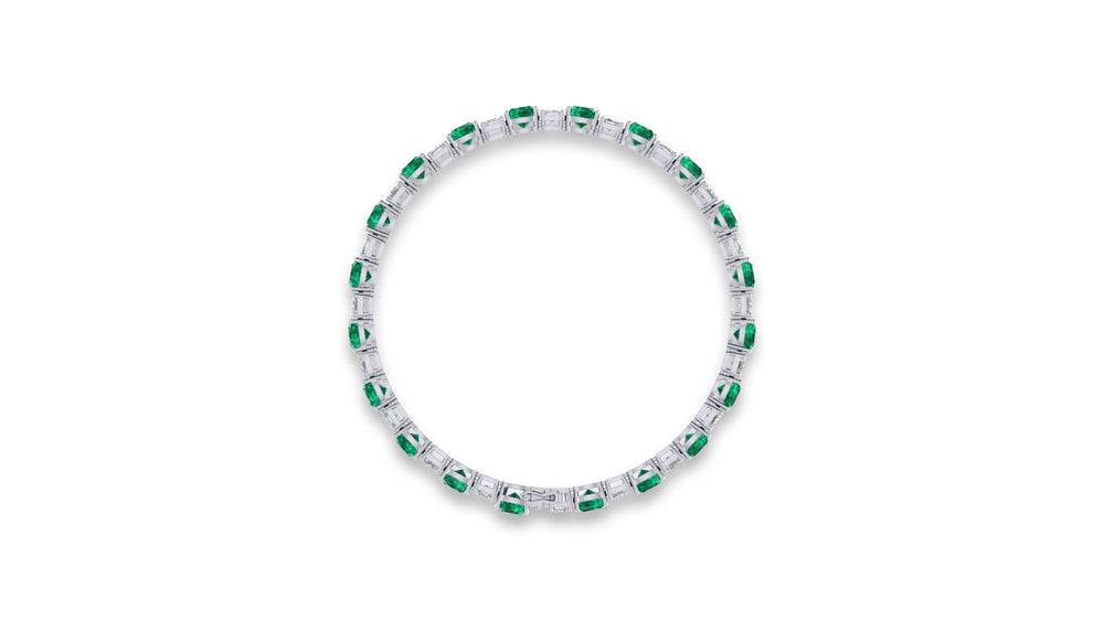 14K White Gold Green Emerald and Diamond Tennis Bracelet