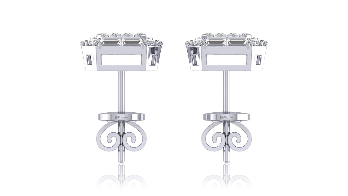 14K White Gold Octagon Halo Baguette Diamond Stud Earrings