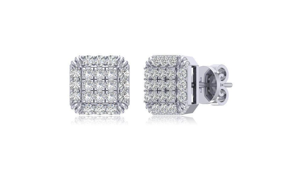 14K White Gold Square Diamond Halo Stud Earrings