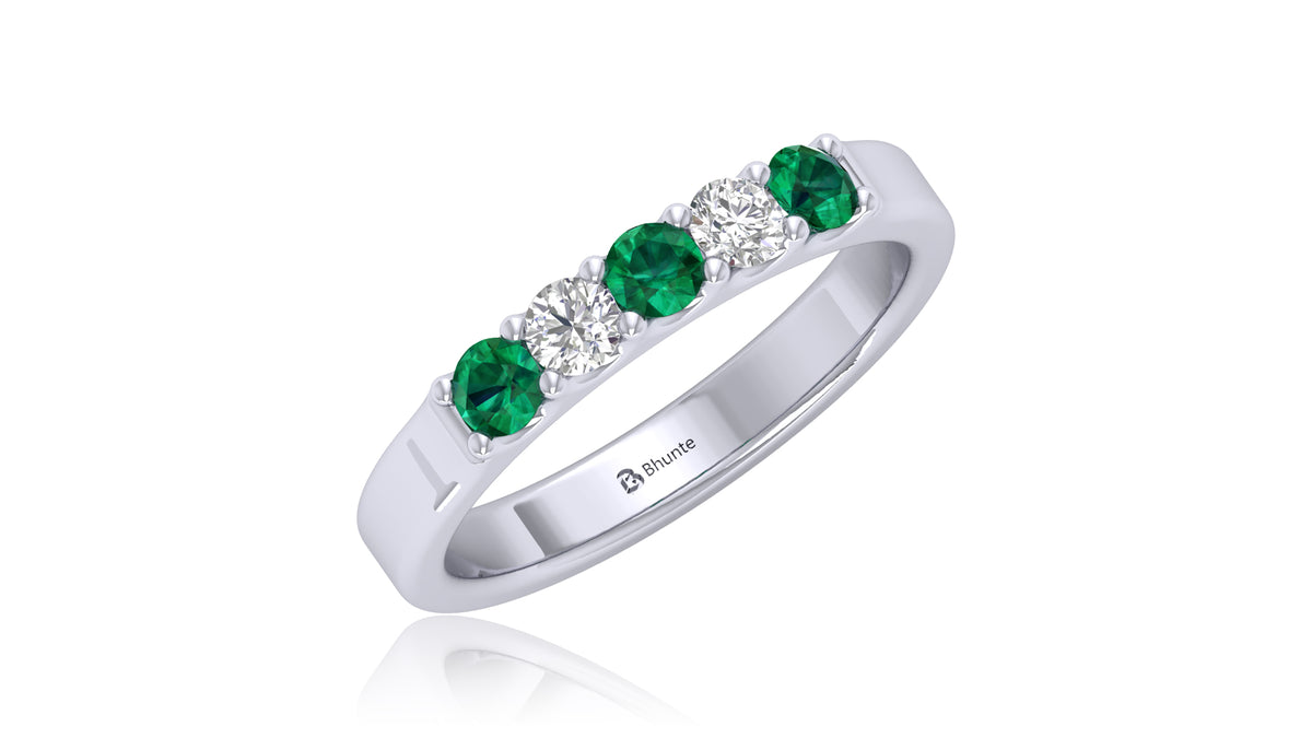 14K White Gold Green Gemstone Sapphire and Diamond Band Ring