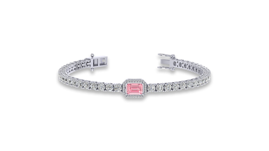 14K White Gold Emerald Cut Pink Stone Diamond Bracelet