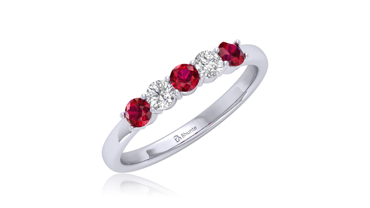 14K White Gold Ruby Gemstone and Diamond Five-Stone Ring