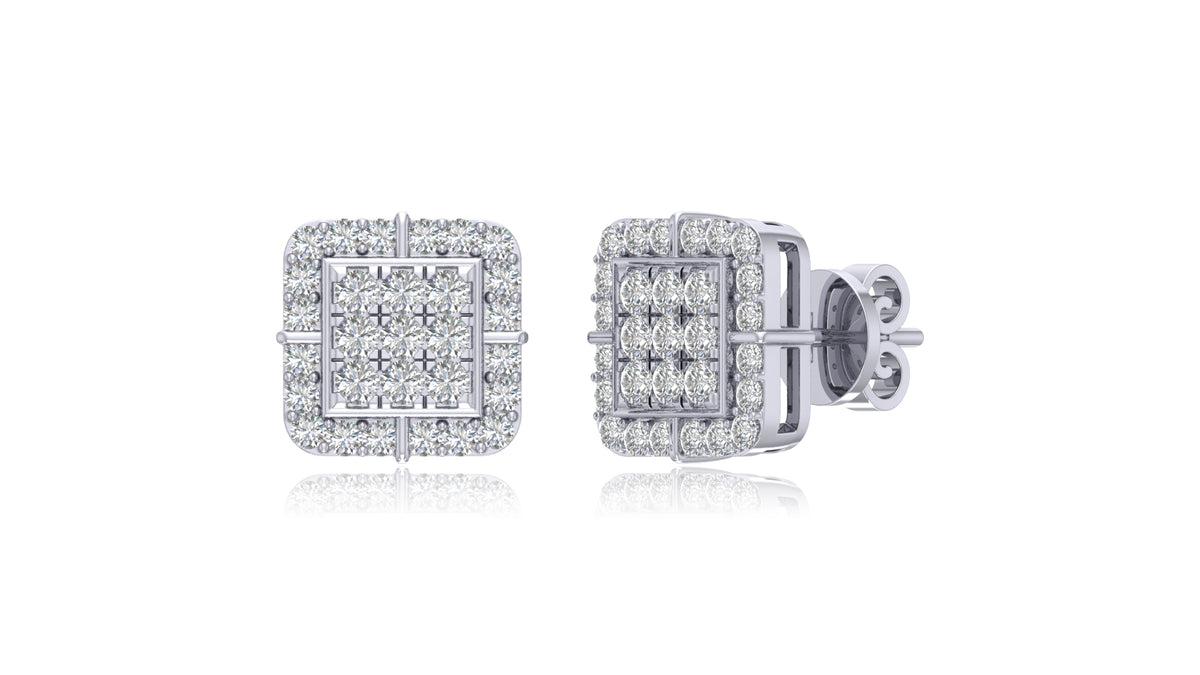 925 Silver Square Halo Diamond Stud Earrings