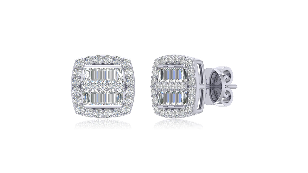 925 Silver Baguette and Round Diamond Stud Earrings