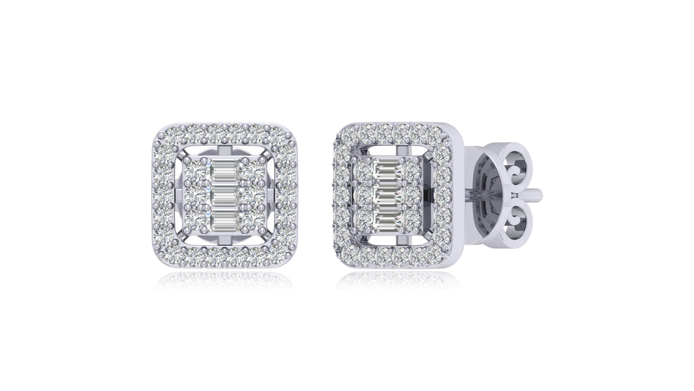 14K White Gold Square Halo Diamond Stud Earrings