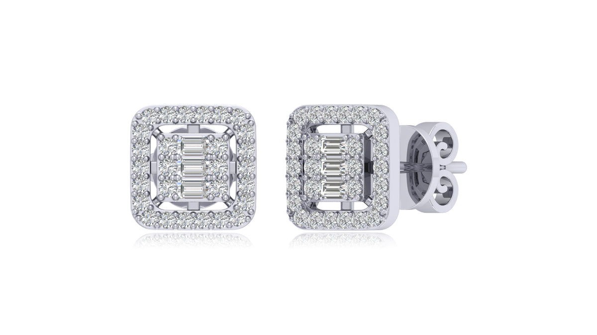 14K White Gold Square Halo Diamond Stud Earrings