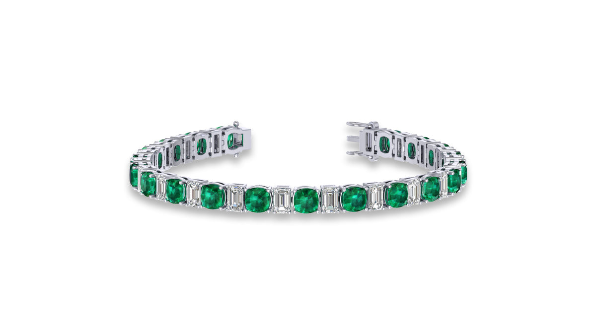 925 Silver Green Emerald and Diamond Tennis Bracelet