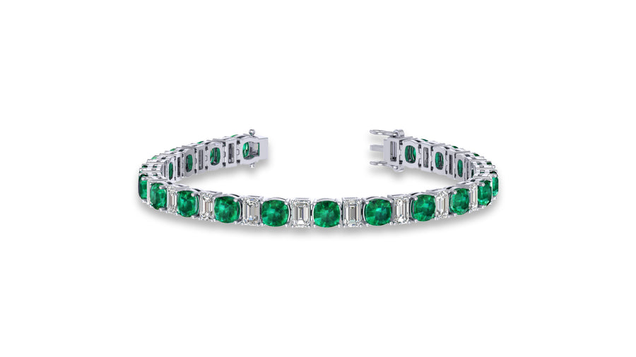 14K White Gold Green Emerald and Diamond Tennis Bracelet