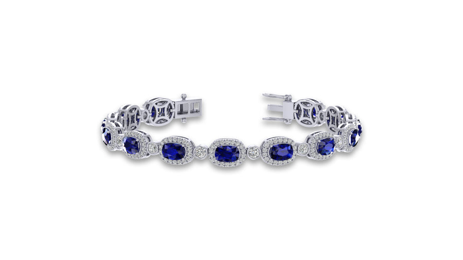 14K White Gold Blue Cushion Gemstone and Diamond Bracelet