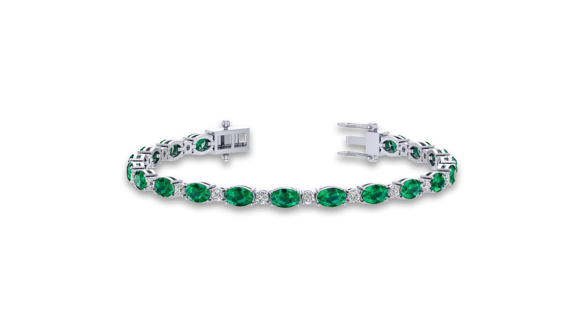 14K White Gold Green Gemstone and Diamond Tennis Bracelet