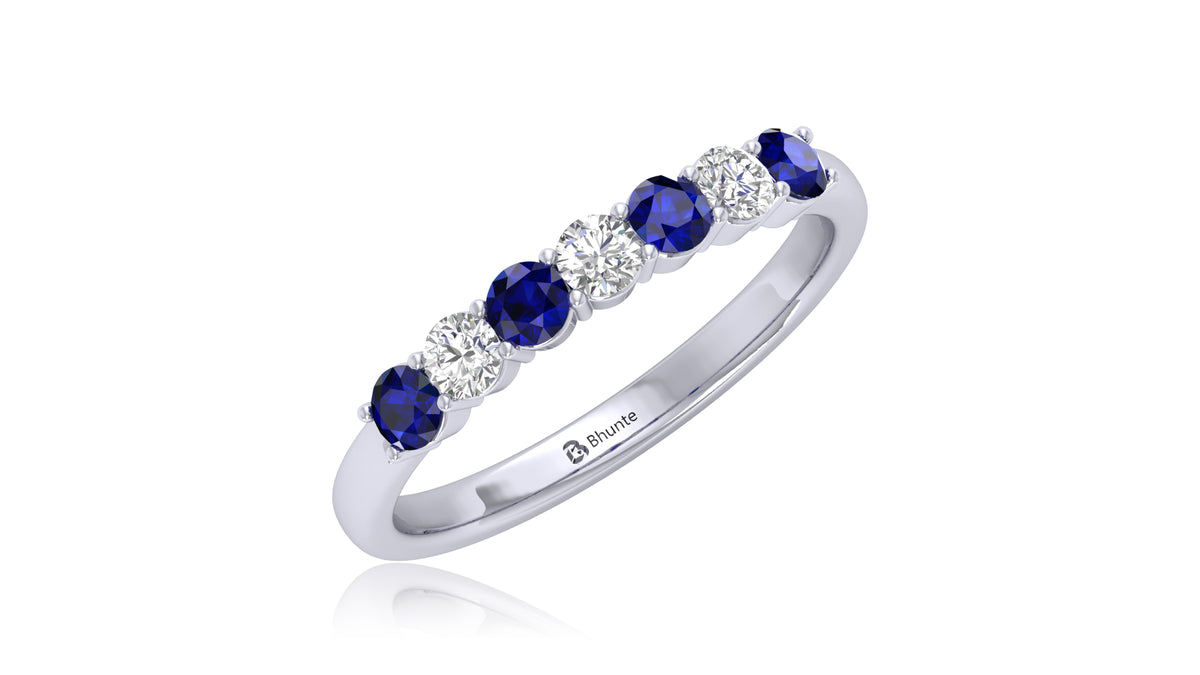 Blue Sapphire and Diamond Band Ring in Silver 925
