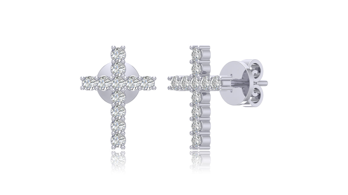14K White Gold Diamond Cross Stud Earrings
