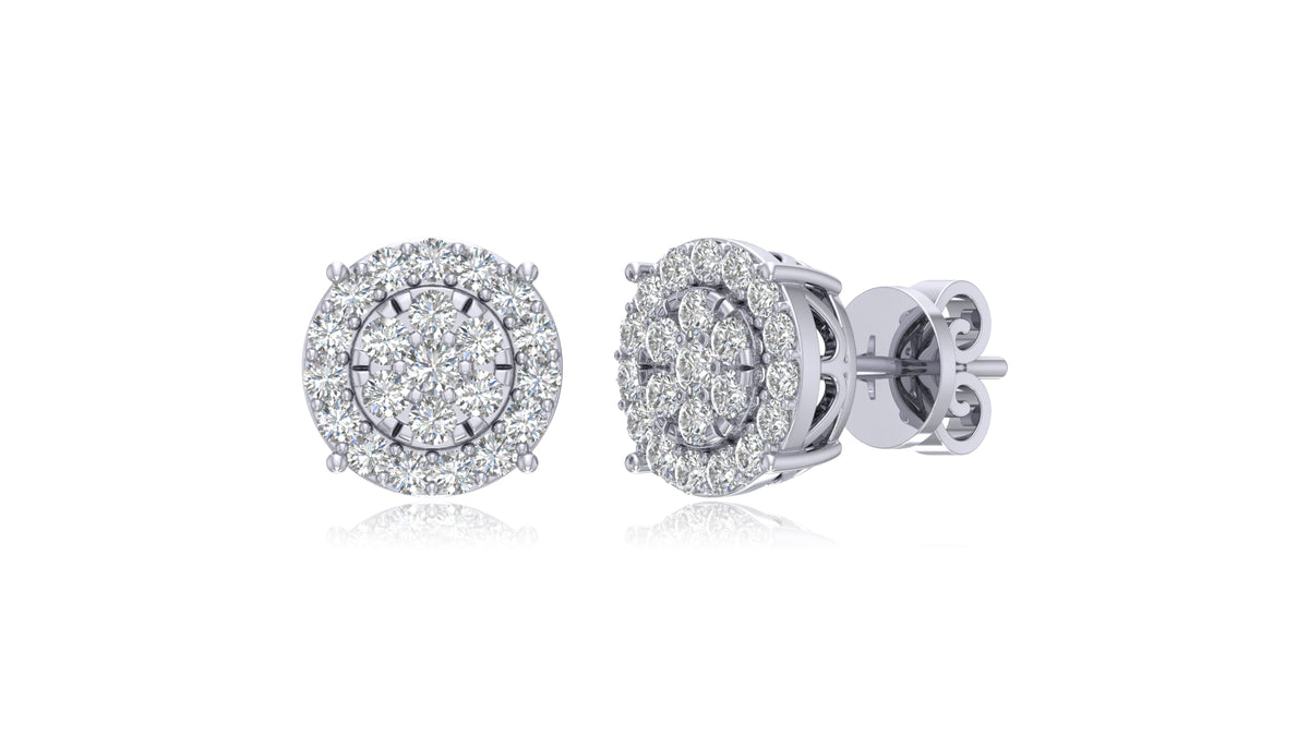 14K White Gold Round Halo Diamond Stud Earrings