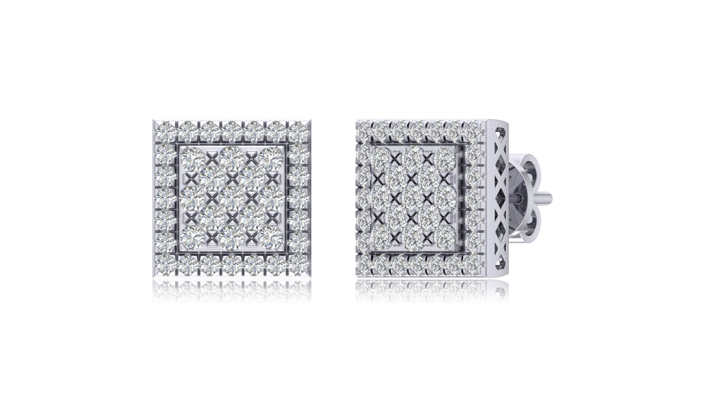 14K White Gold Square Lattice Diamond Stud Earrings