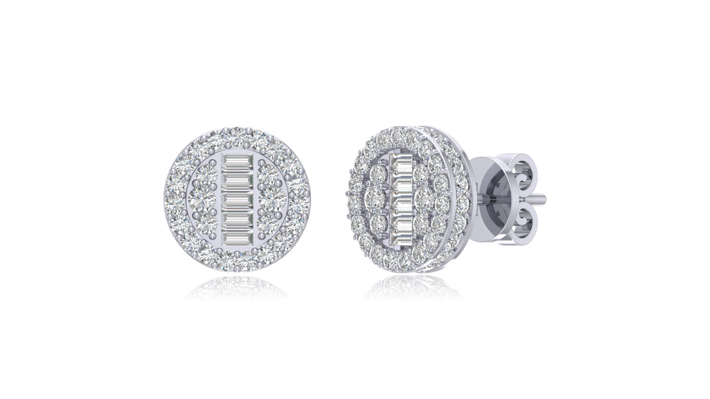 925 Silver Round Halo Baguette Diamond Stud Earrings