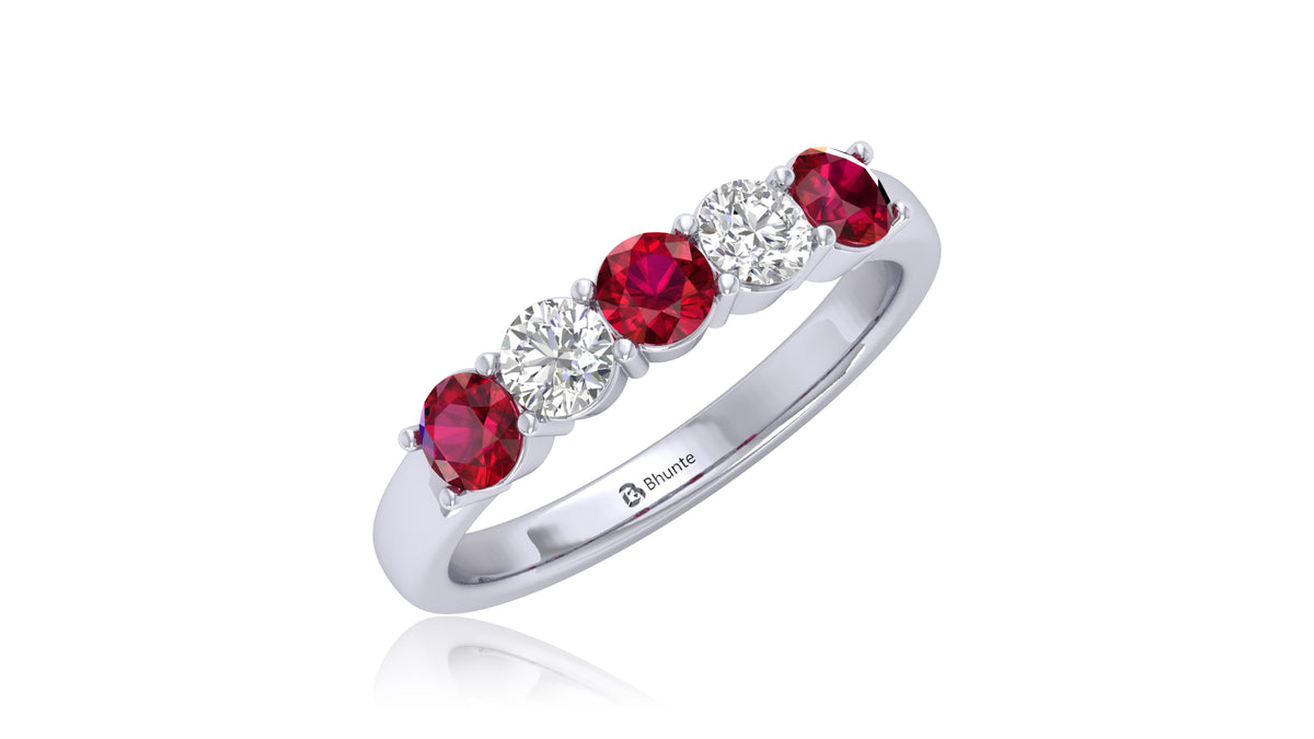 14K White Gold Ruby and Diamond Five-Stone Ring