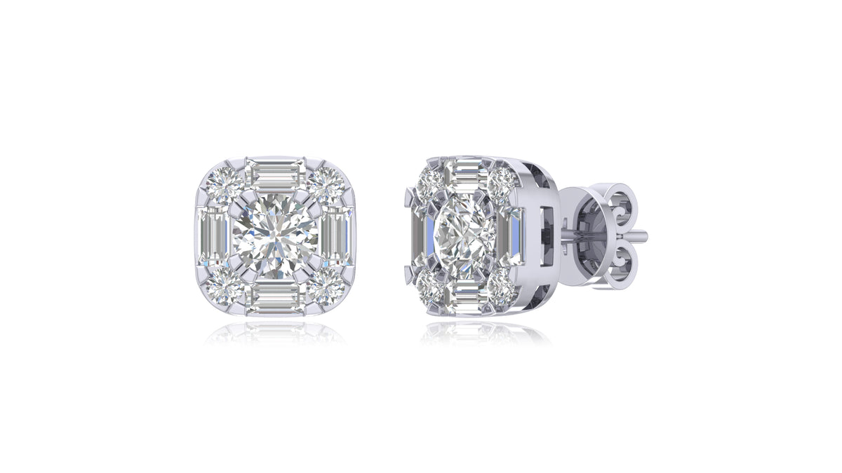 14K White Gold Cushion Halo Diamond Stud Earrings