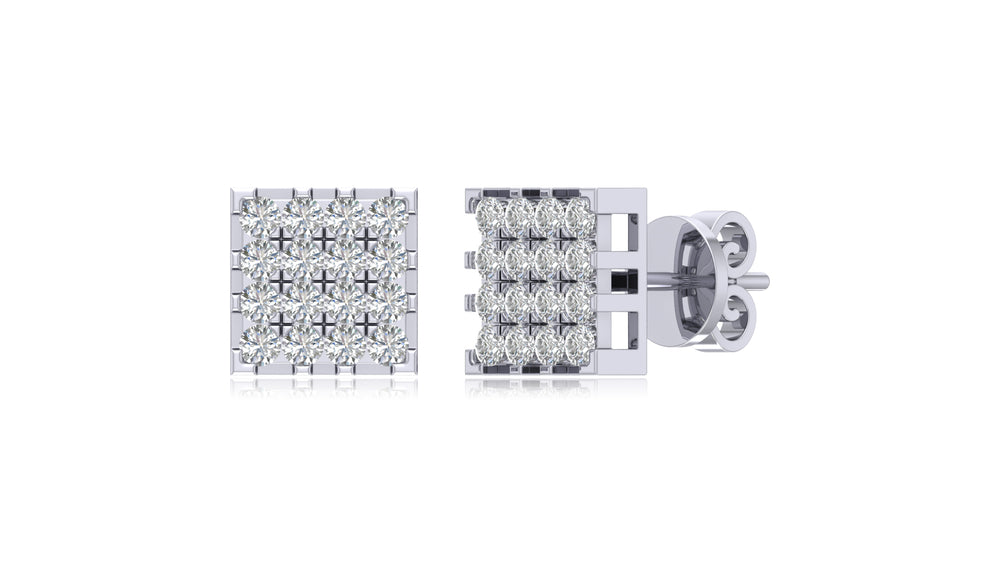 14K White Gold Square Diamond Grid Stud Earrings