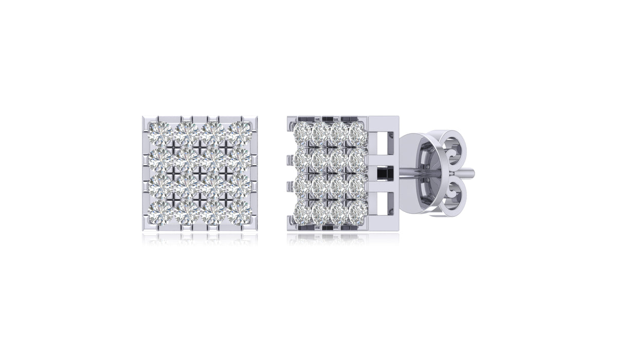 14K White Gold Square Diamond Grid Stud Earrings