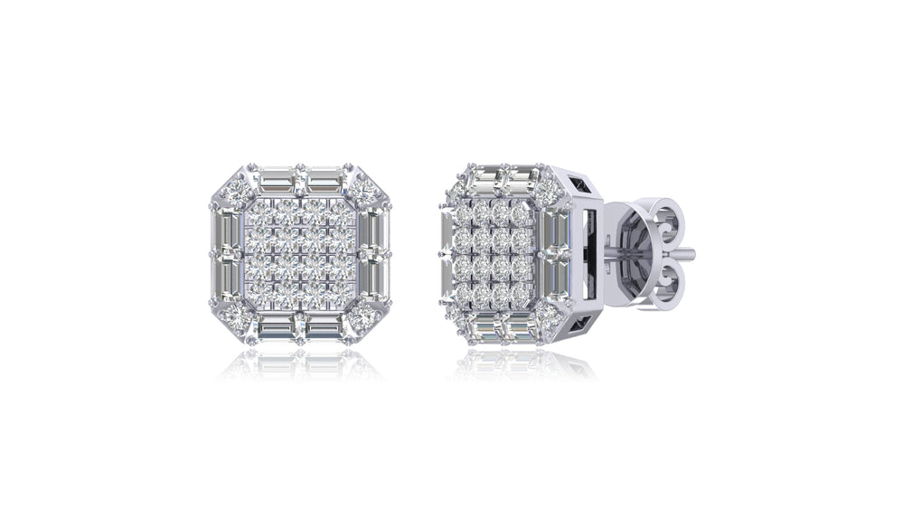 925 Silver Octagon Halo Baguette Diamond Stud Earrings